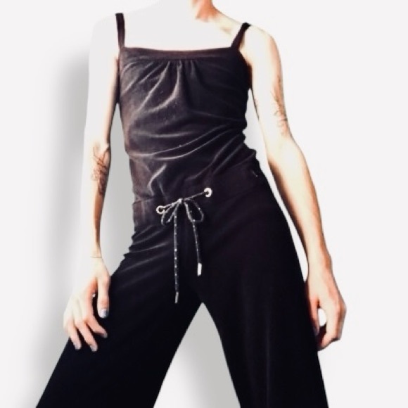 JUICY COUTURE Black Velour Wide Leg Romper Jumpsuit w Drawstring Waist Y2K - Picture 5 of 12